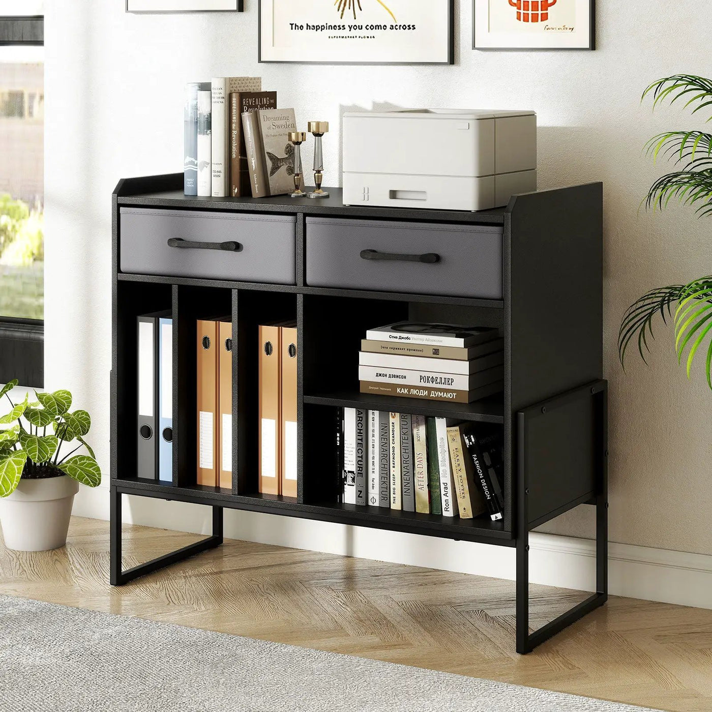 Large Record Player Stand with Charging Station Mid Century Modern Vinyl Storage Cabinet by DirectDeals