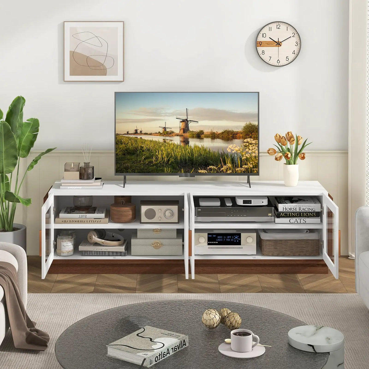 Large TV Stand for TVs up to 75 Inch with 4 Tempered Glass Doors for Living Room by DirectDeals