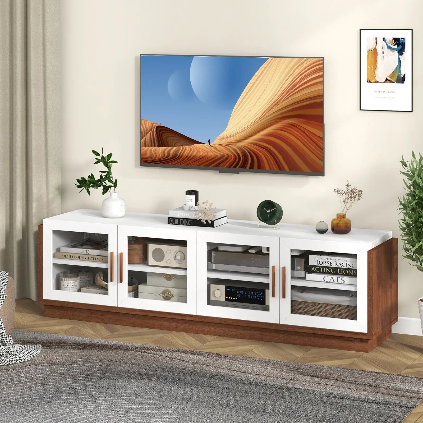 Large TV Stand for TVs up to 75 Inch with 4 Tempered Glass Doors for Living Room by DirectDeals