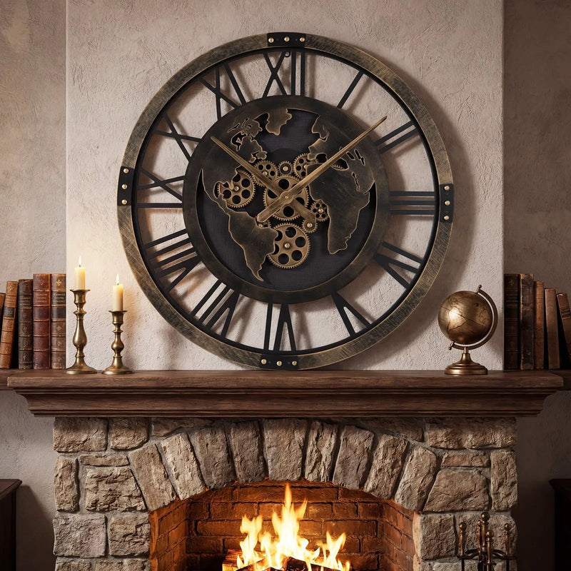 Large Wall Clock 27" Gear Clock with World Map-Brown by DirectDeals