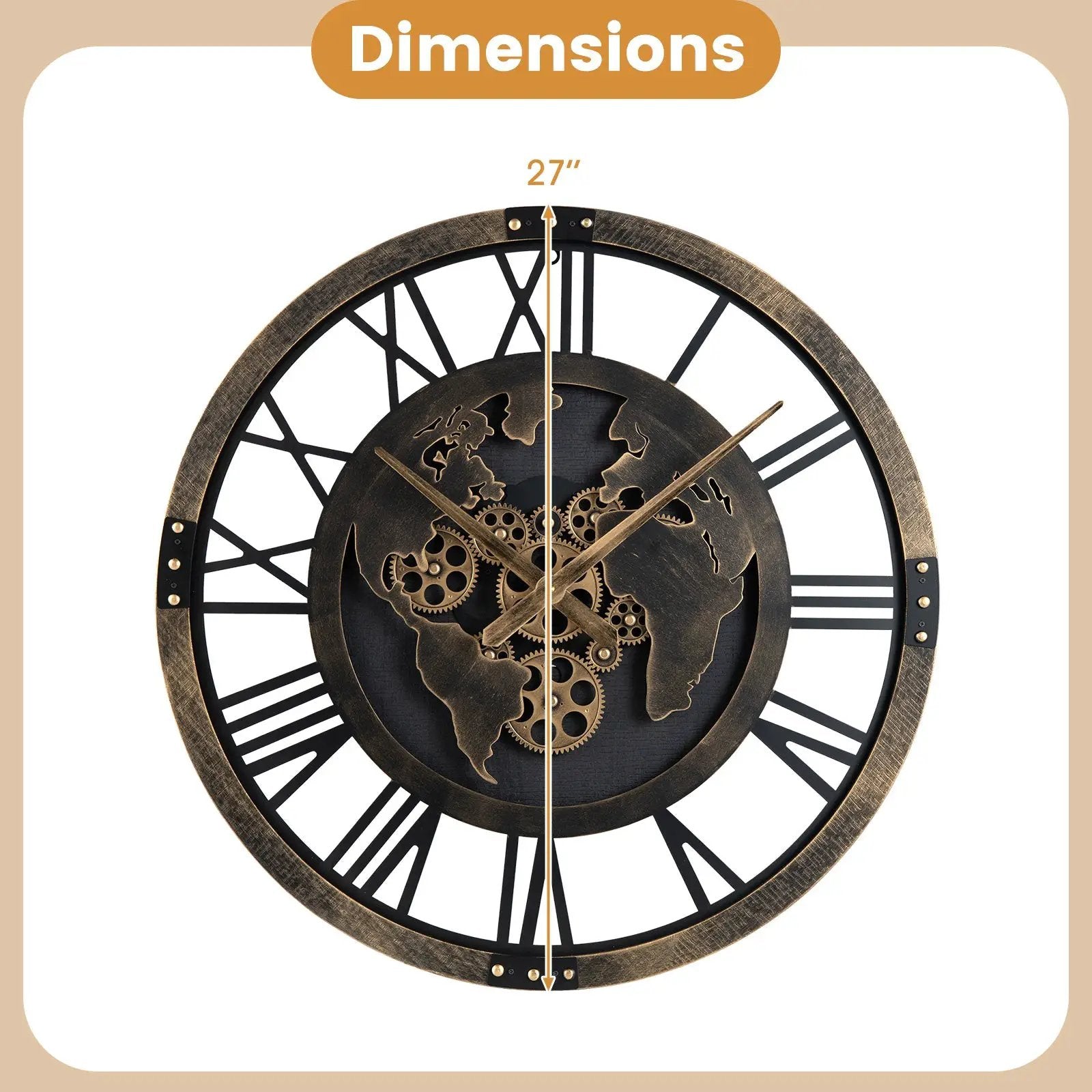 Large Wall Clock 27" Gear Clock with World Map-Brown by DirectDeals