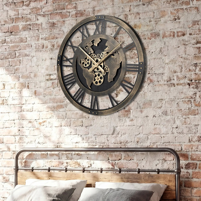 Large Wall Clock 27" Gear Clock with World Map-Brown by DirectDeals
