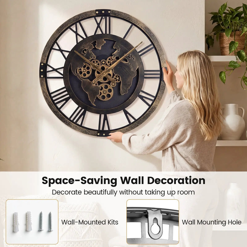 Large Wall Clock 27" Gear Clock with World Map-Brown by DirectDeals