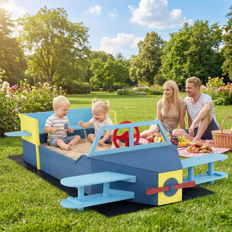Wooden Airplane Sandbox with Bench Seat and Bottom Liner by DirectDeals