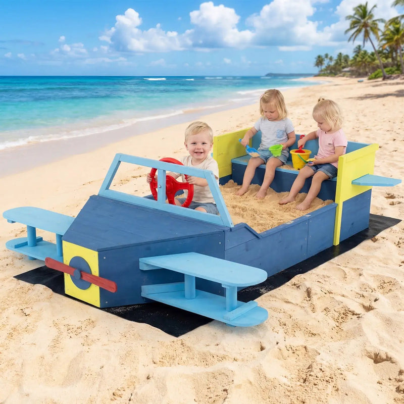 Wooden Airplane Sandbox with Bench Seat and Bottom Liner by DirectDeals
