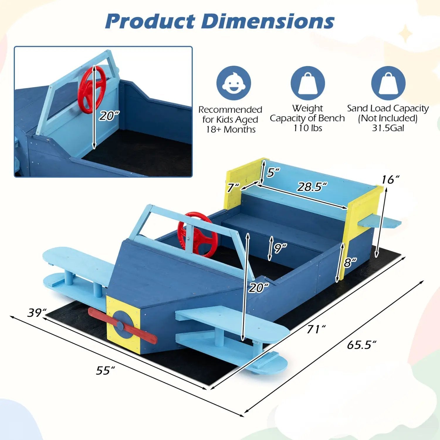 Wooden Airplane Sandbox with Bench Seat and Bottom Liner by DirectDeals