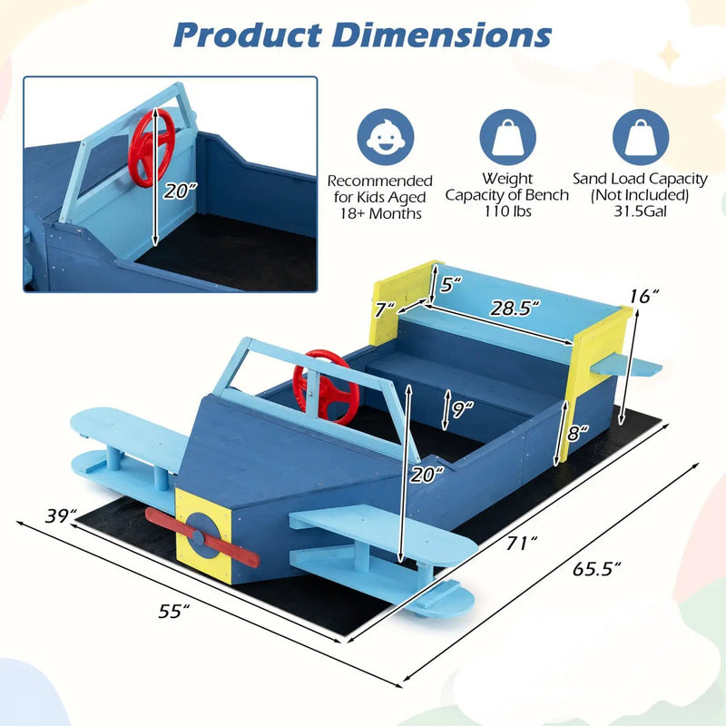 Wooden Airplane Sandbox with Bench Seat and Bottom Liner by DirectDeals