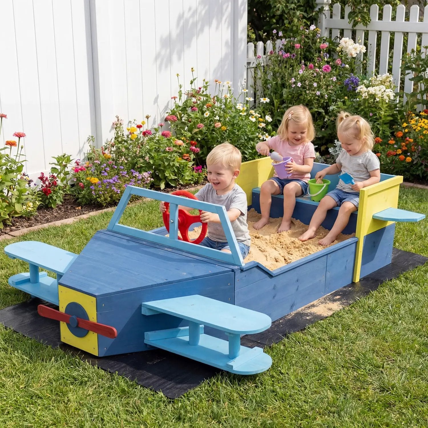 Large Wooden Kids Sandbox with Bottom Liner and Bench Seat by DirectDeals