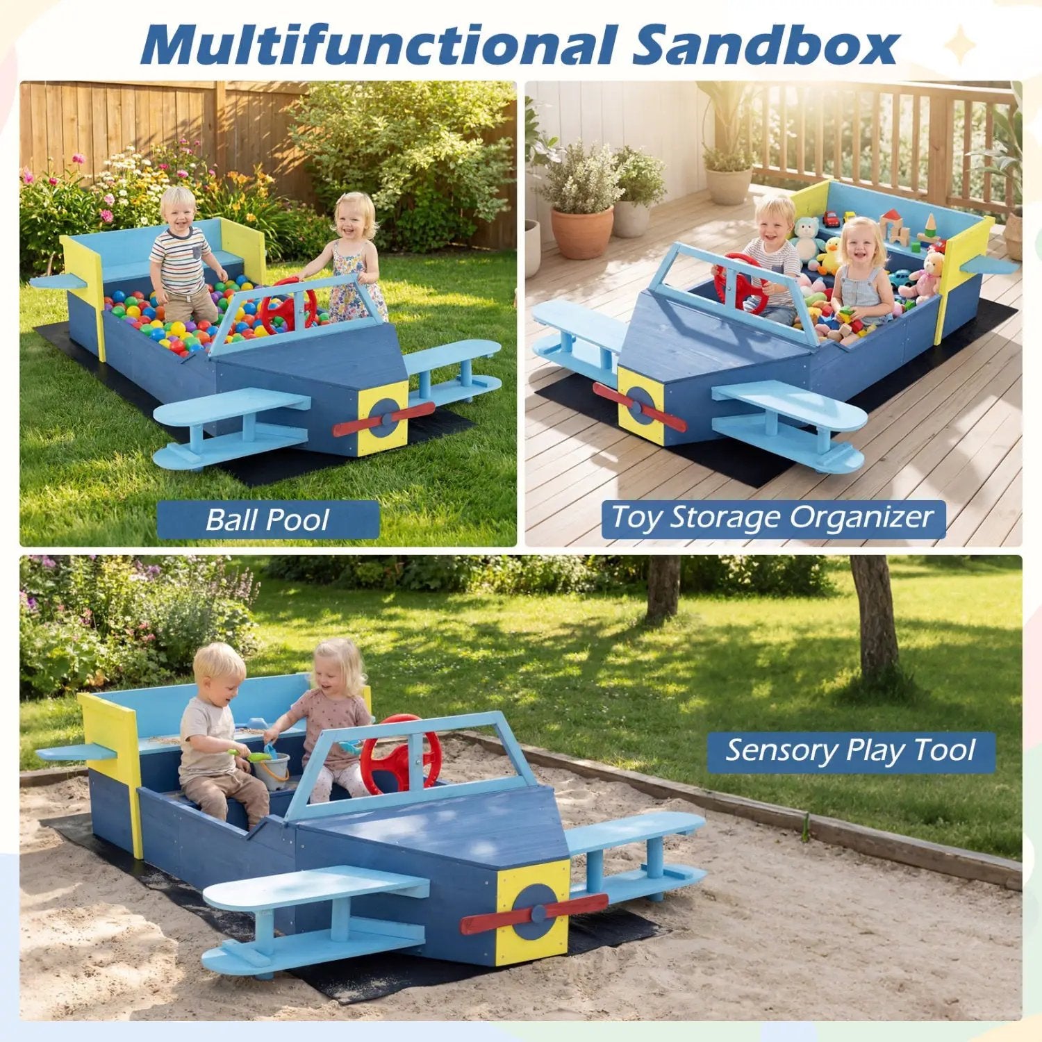 Wooden Airplane Sandbox with Bench Seat and Bottom Liner by DirectDeals