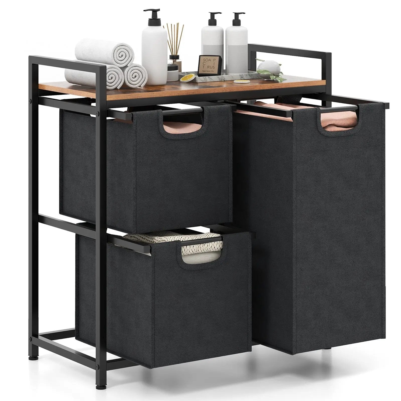 Laundry Basket Organizer Dirty Clothes Hamper with Shelf and 3 Removable Bags-Rustic Brown by DirectDeals