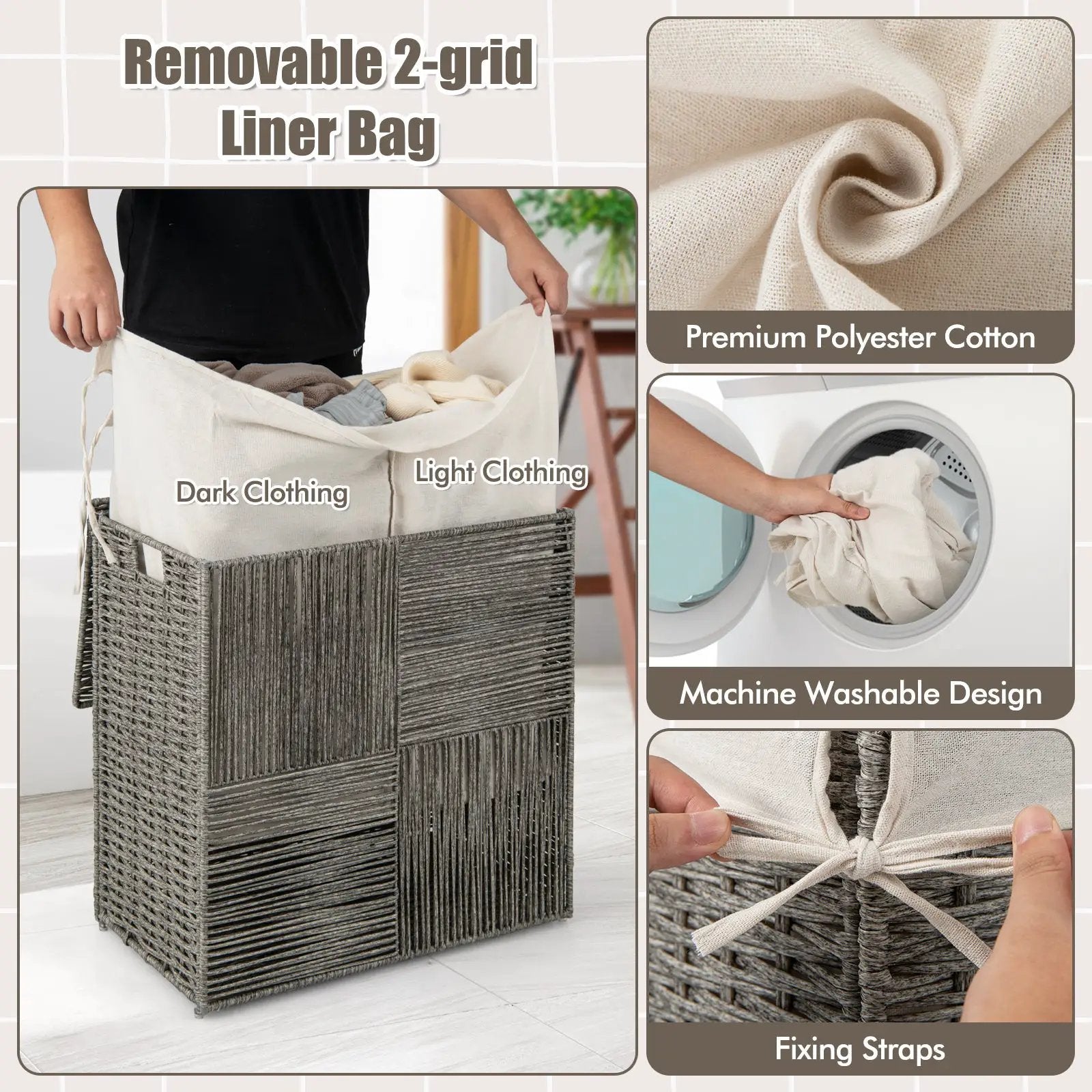 29 Gallons Laundry Hamper with Convenient Handles and Removable Liner Bag-Gray by DirectDeals