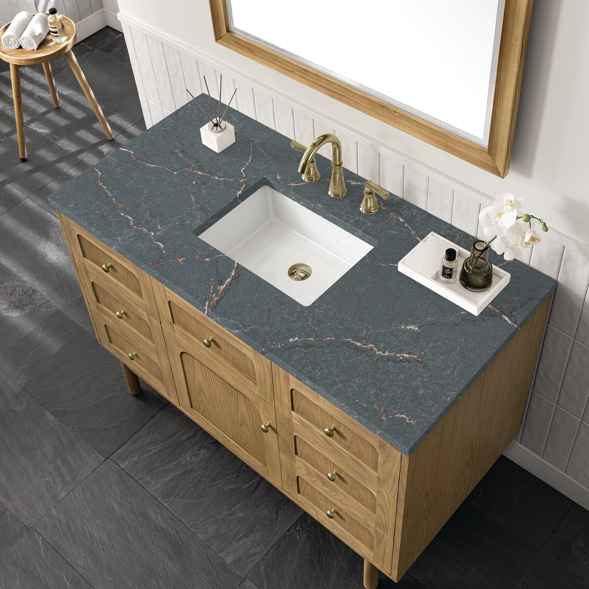 James Martin Laurent 48" Dual Mount Single Bathroom Vanity, Light Natural Oak with Parisien Bleu countertop