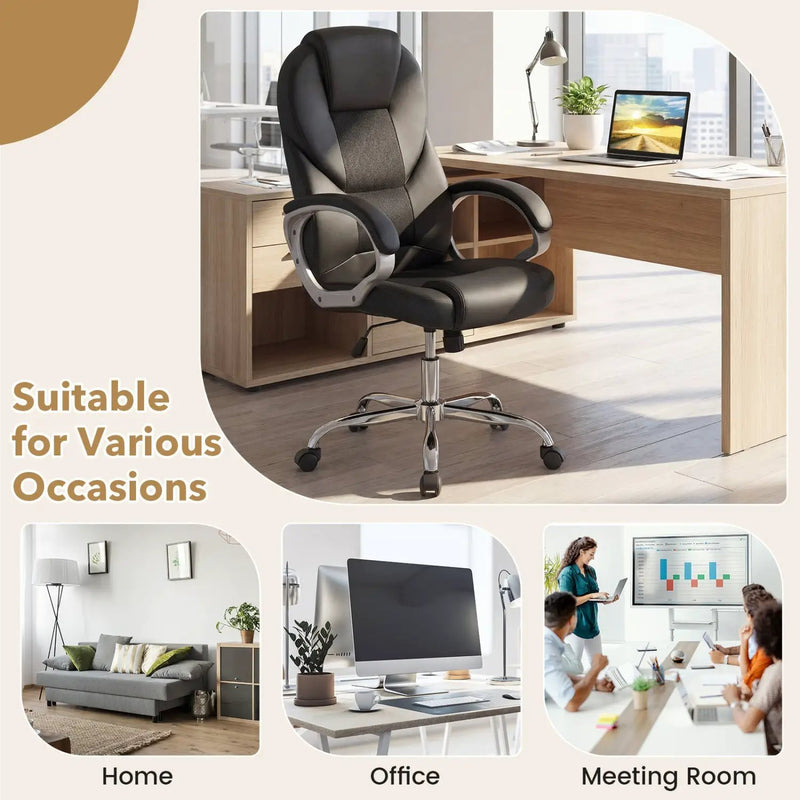 Leather Office Chair Ergonomic Mesh Executive Chair with Padded Armrests and Rocking Backrest by DirectDeals