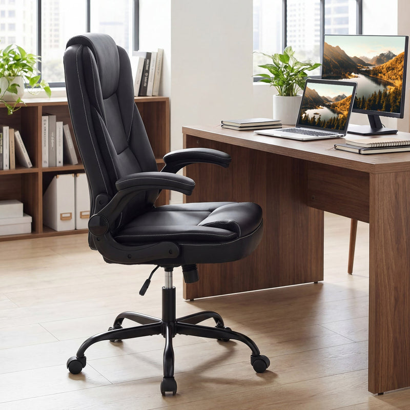 Leather Office Chair Ergonomic Computer Desk Chair with Flip-up Armrests Rocking Function by DirectDeals