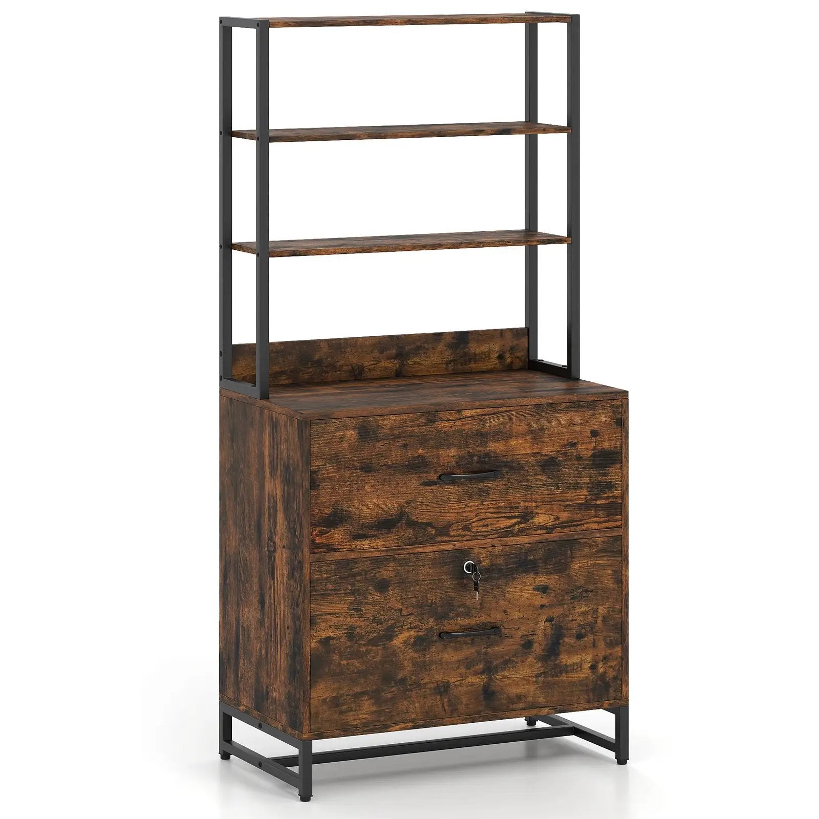 Letter Size Lateral File Cabinet with Lock and Bookshelf-Rustic Brown by DirectDeals