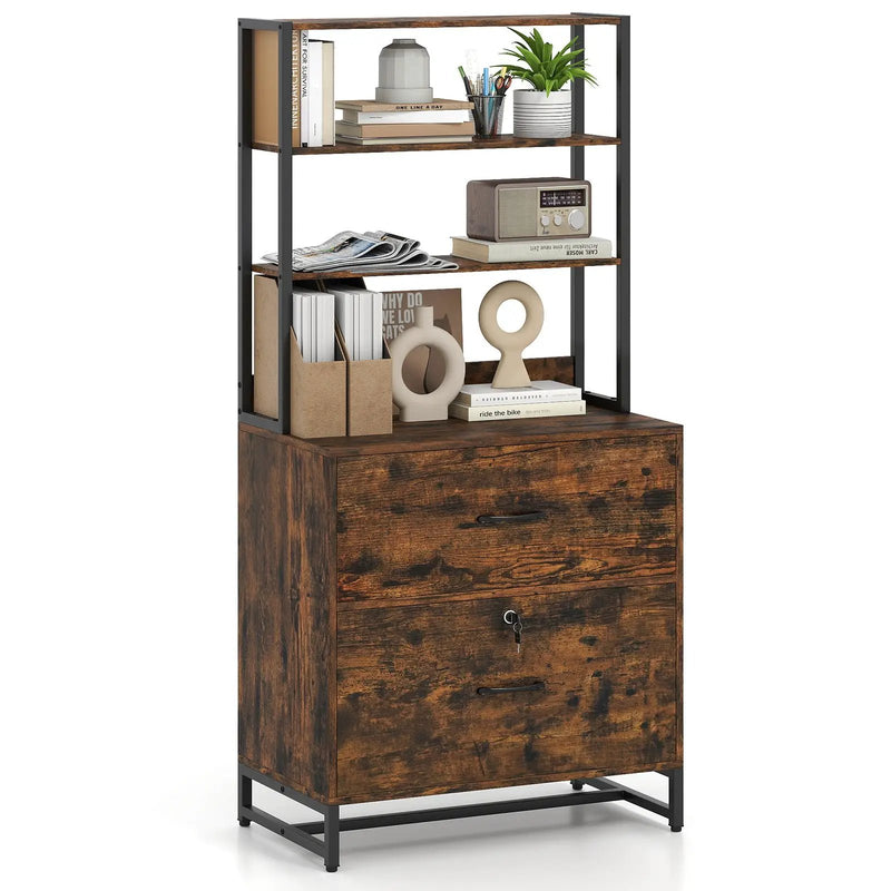 Letter Size Lateral File Cabinet with Lock and Bookshelf-Rustic Brown by DirectDeals
