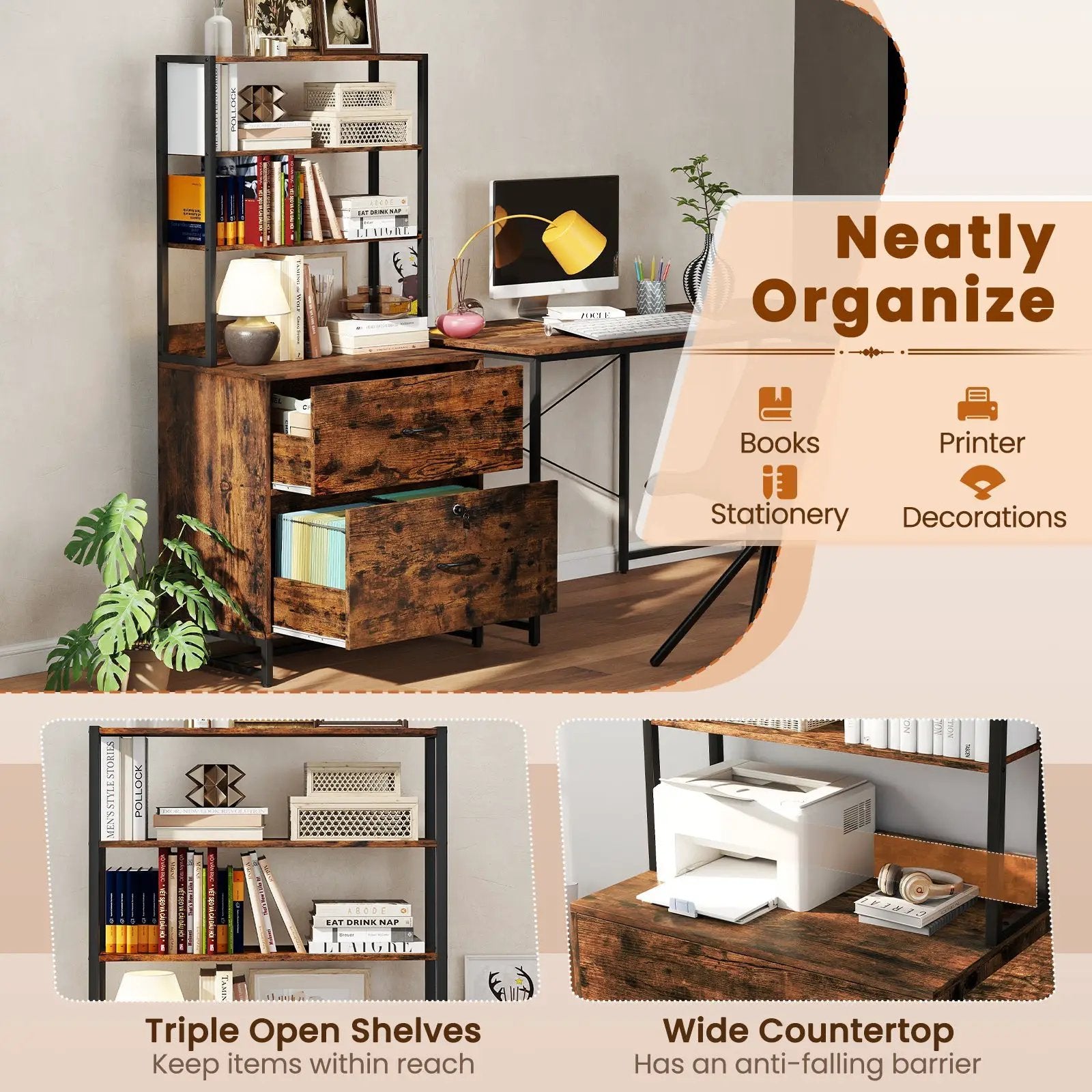 Letter Size Lateral File Cabinet with Lock and Bookshelf-Rustic Brown by DirectDeals