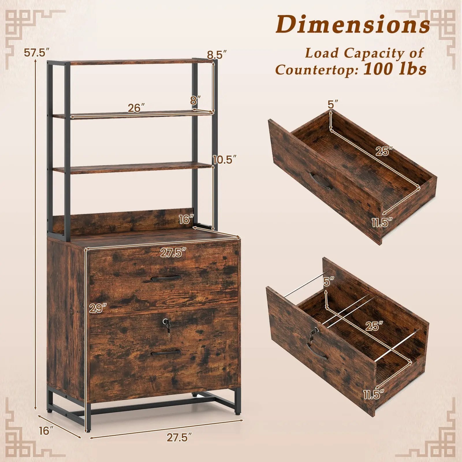 Letter Size Lateral File Cabinet with Lock and Bookshelf-Rustic Brown by DirectDeals