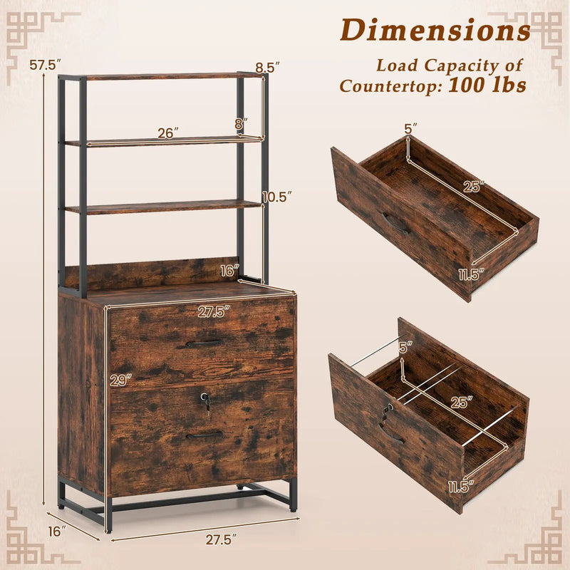 Letter Size Lateral File Cabinet with Lock and Bookshelf-Rustic Brown by DirectDeals