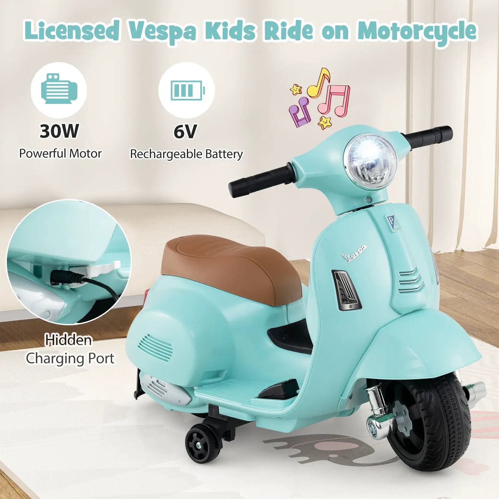 Kids Ride on Motorcycle Licensed Vespa with LED Headlight and Horn Sound by DirectDeals