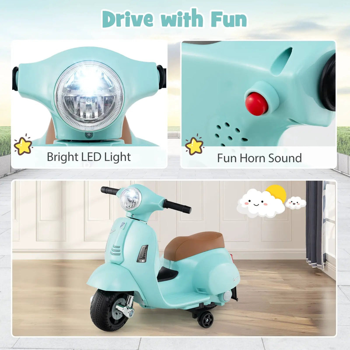 Kids Ride on Motorcycle Licensed Vespa with LED Headlight and Horn Sound by DirectDeals