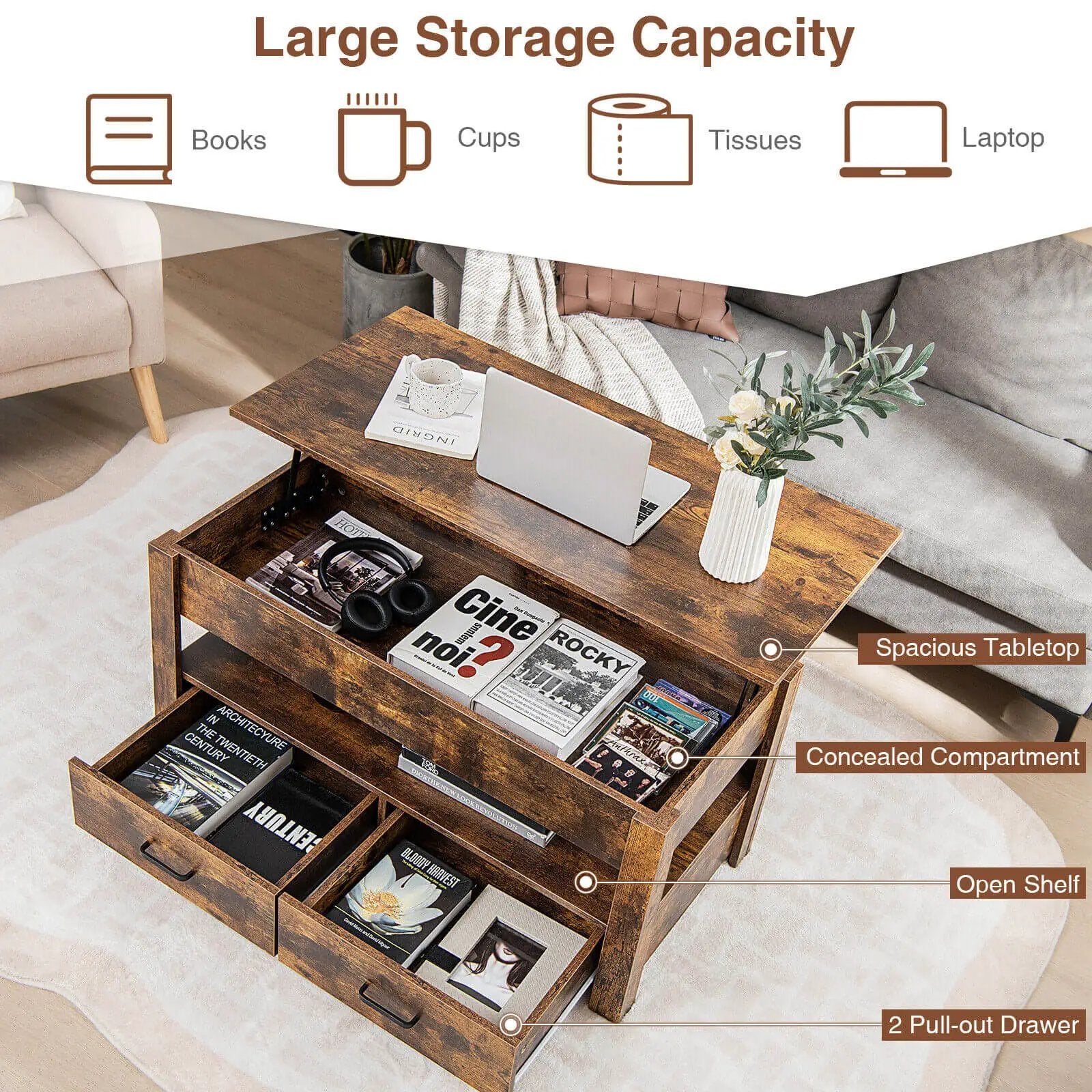 Lift Top Coffee Table with 2 Storage Drawers and Hidden Compartment-Rustic Brown by DirectDeals
