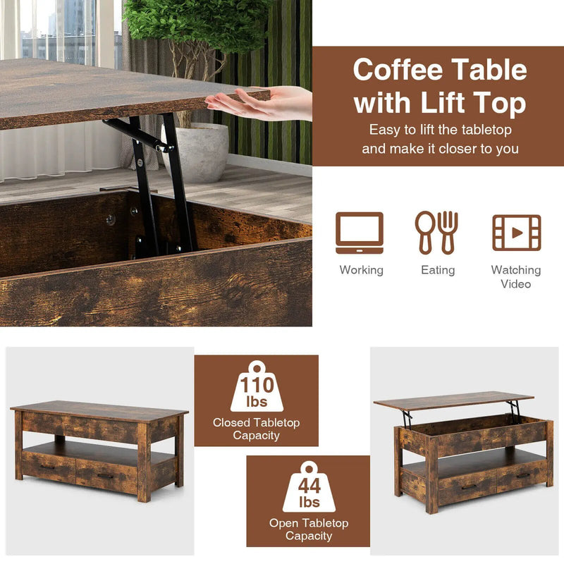 Lift Top Coffee Table with 2 Storage Drawers and Hidden Compartment-Rustic Brown by DirectDeals