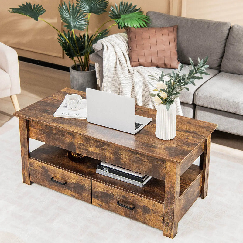 Lift Top Coffee Table with 2 Storage Drawers and Hidden Compartment-Rustic Brown by DirectDeals