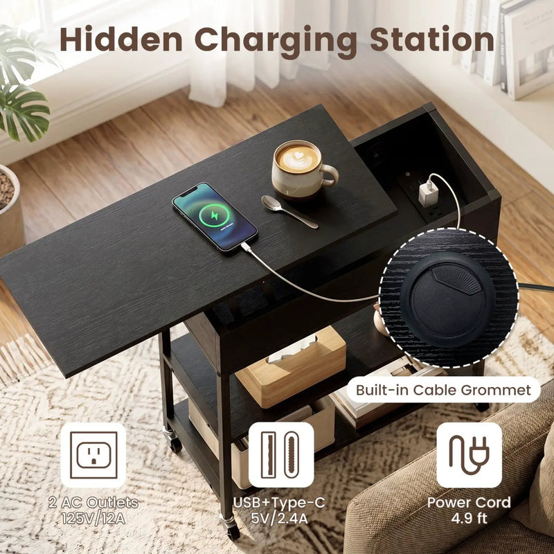 Lift Top Side Table with Charging Station and Wheels by DirectDeals