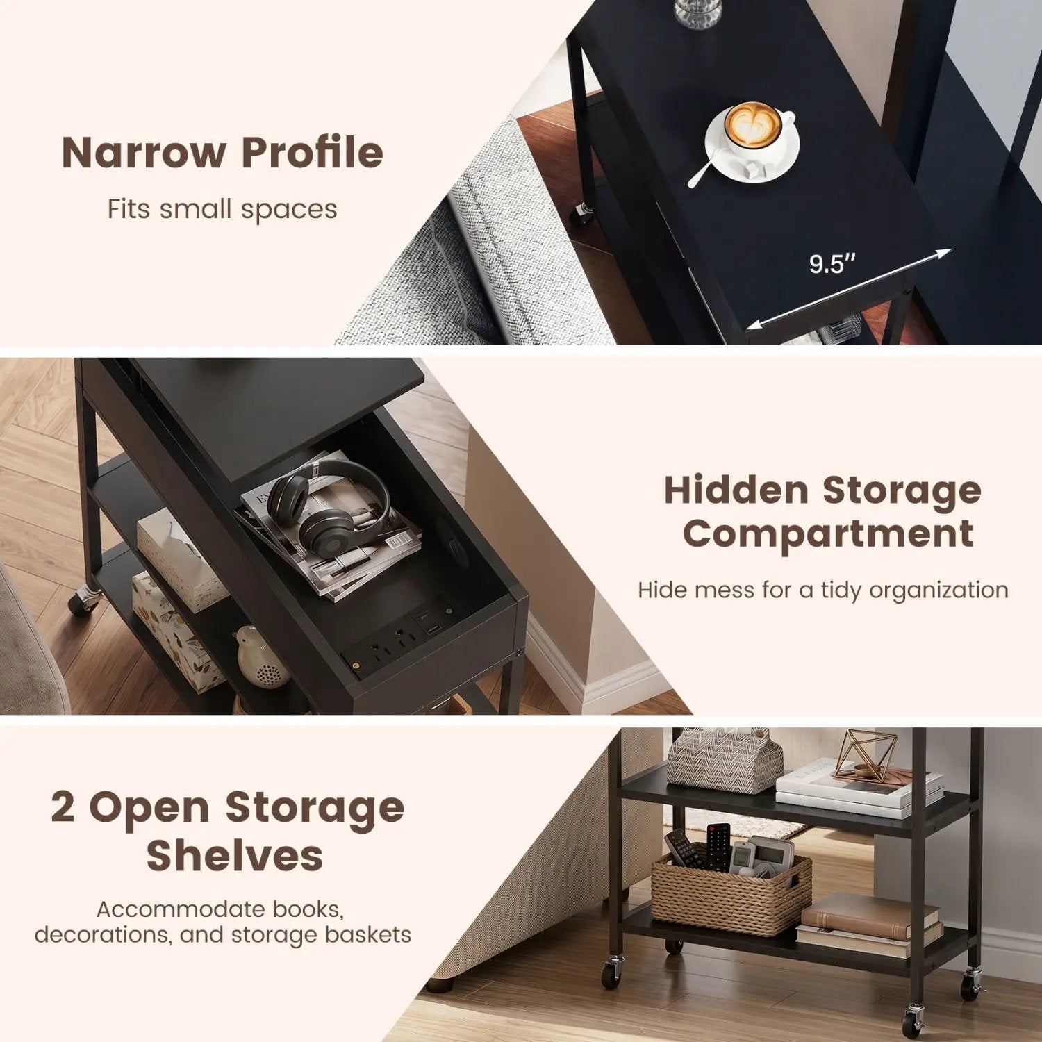 Lift Top Side Table with Charging Station and Wheels by DirectDeals