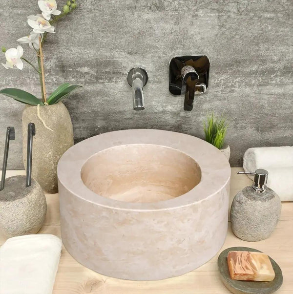 Natural Stone Light Beige Travertine Handcrafted Round Vessel Sink Honed 18 Inch