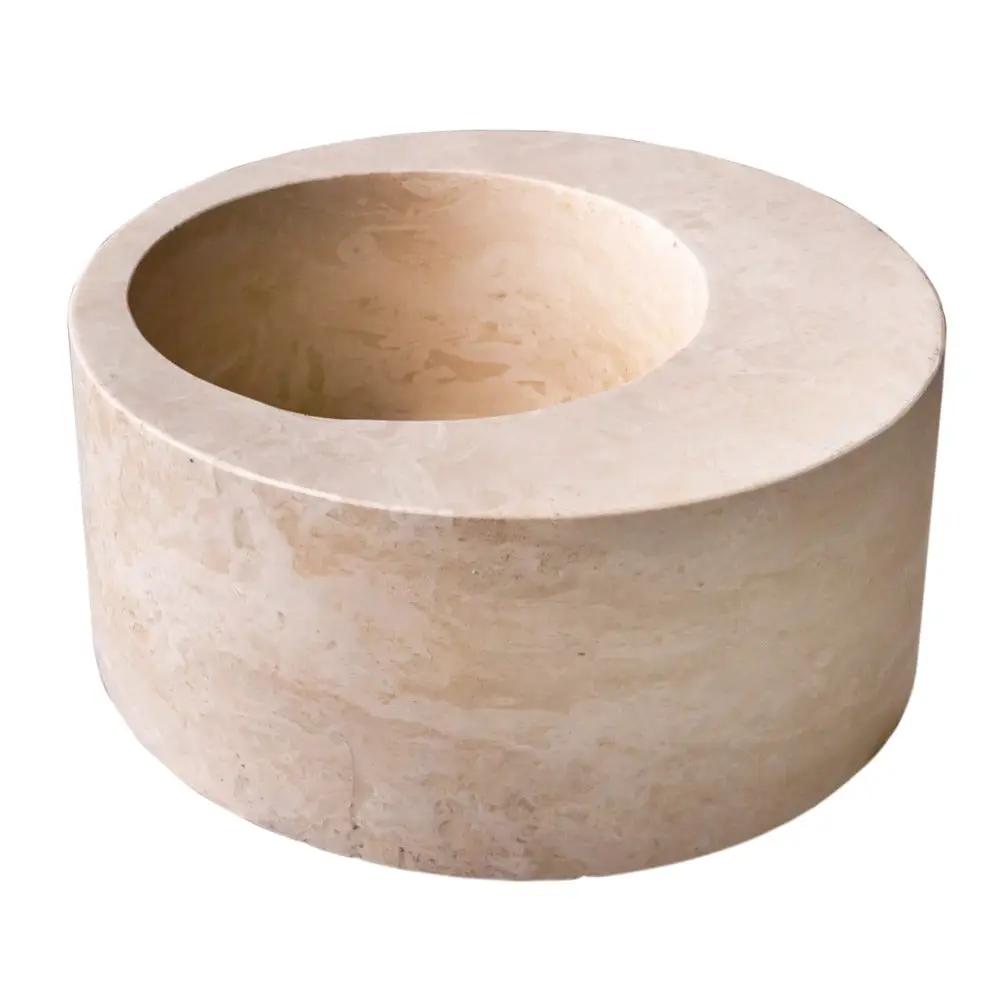 Natural Stone Light Beige Travertine Handcrafted Round Vessel Sink Honed 18 Inch by GobekDesign
