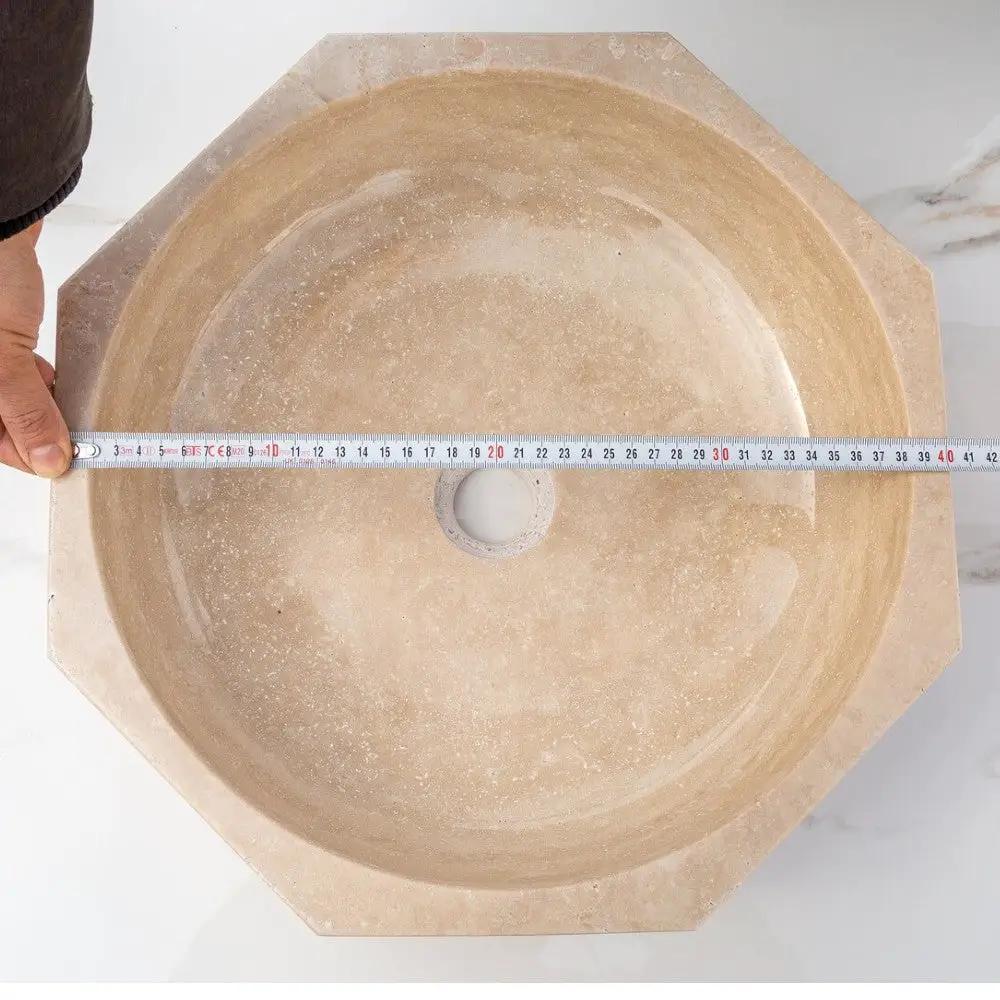 Light Beige Travertine Octagon Vessel Sink - Polished 16 Inch by GobekDesign