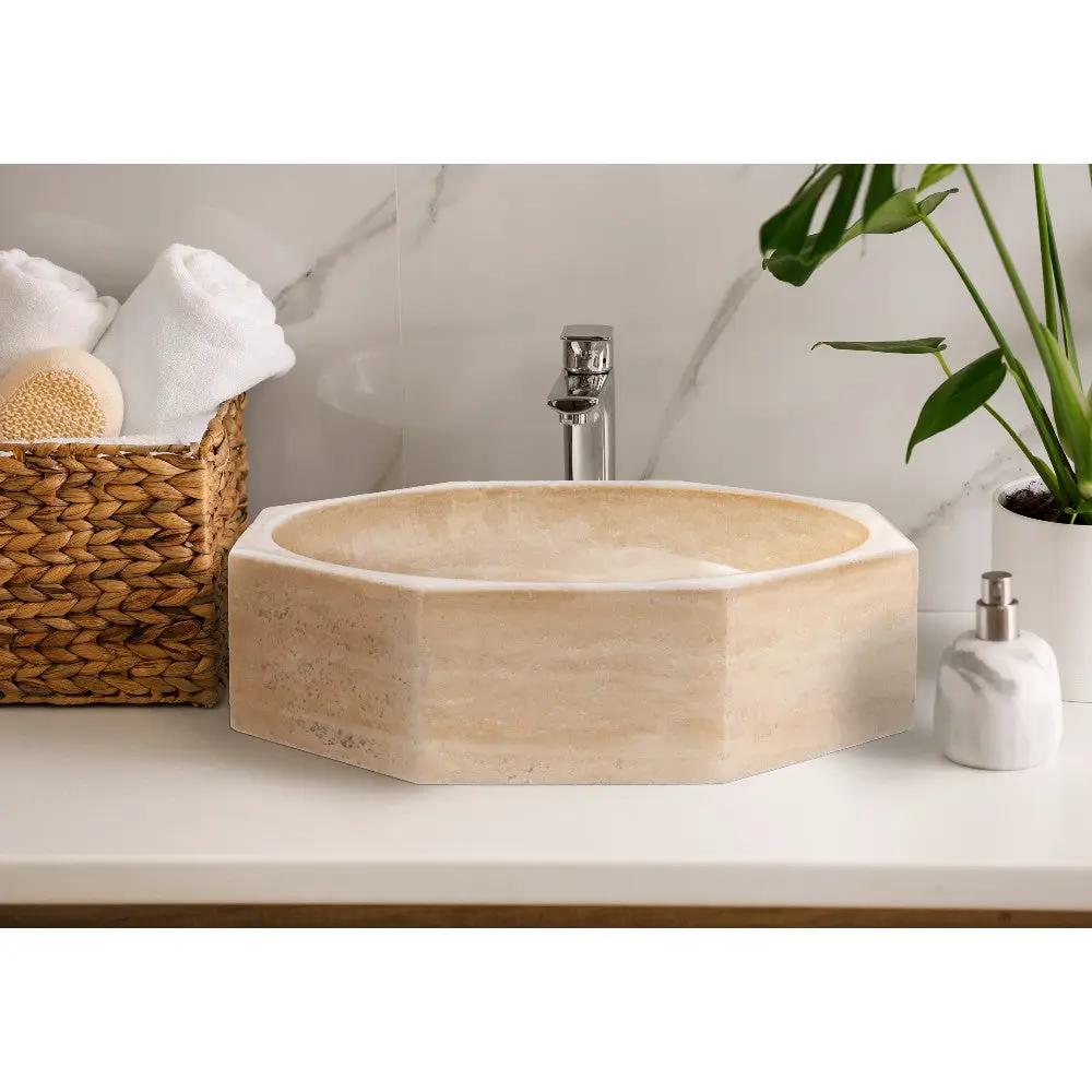Light Beige Travertine Octagon Vessel Sink - Polished 16 Inch by GobekDesign