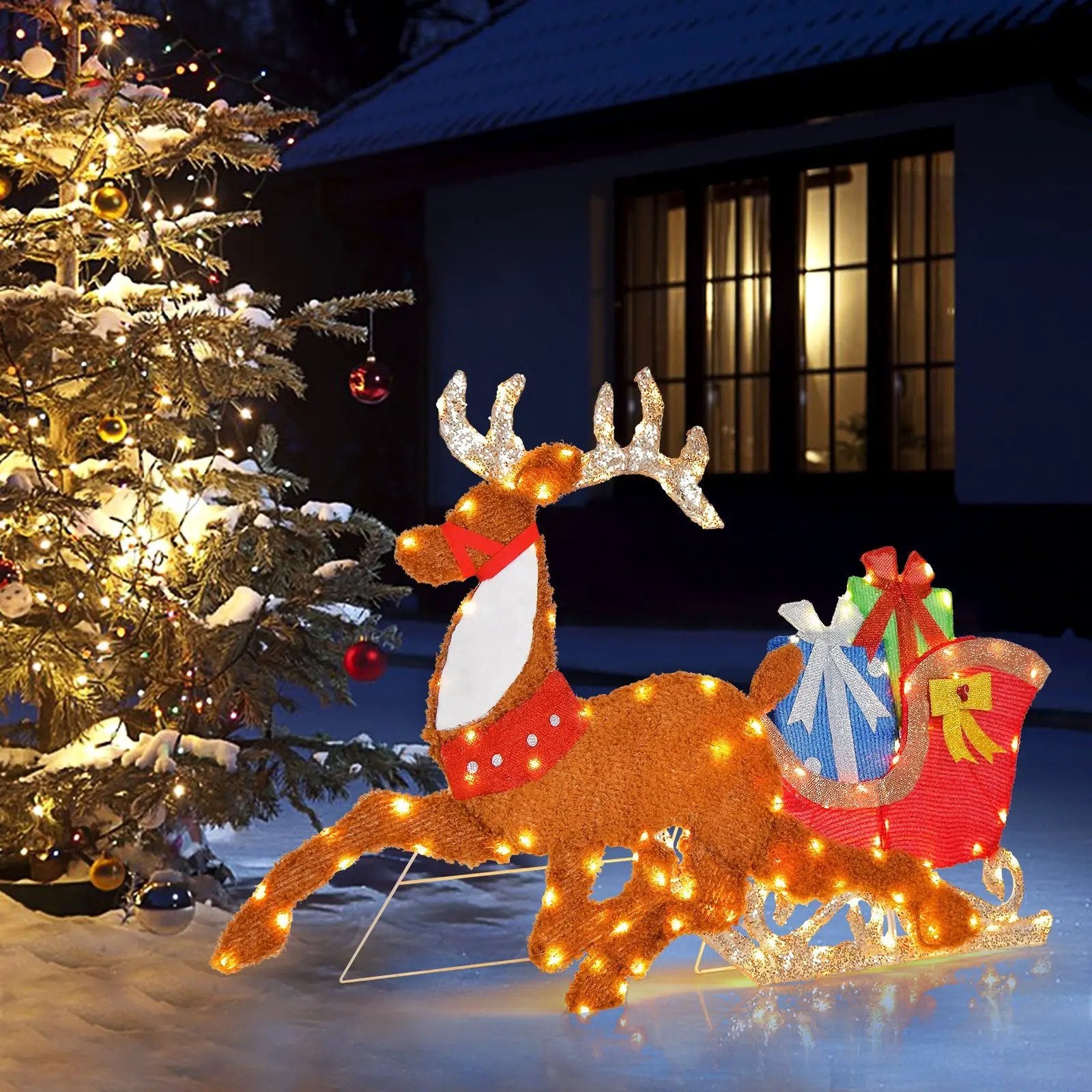 Lighted 2D Christmas Reindeer and Sleigh Decoration for Lawn Front Door Home by DirectDeals