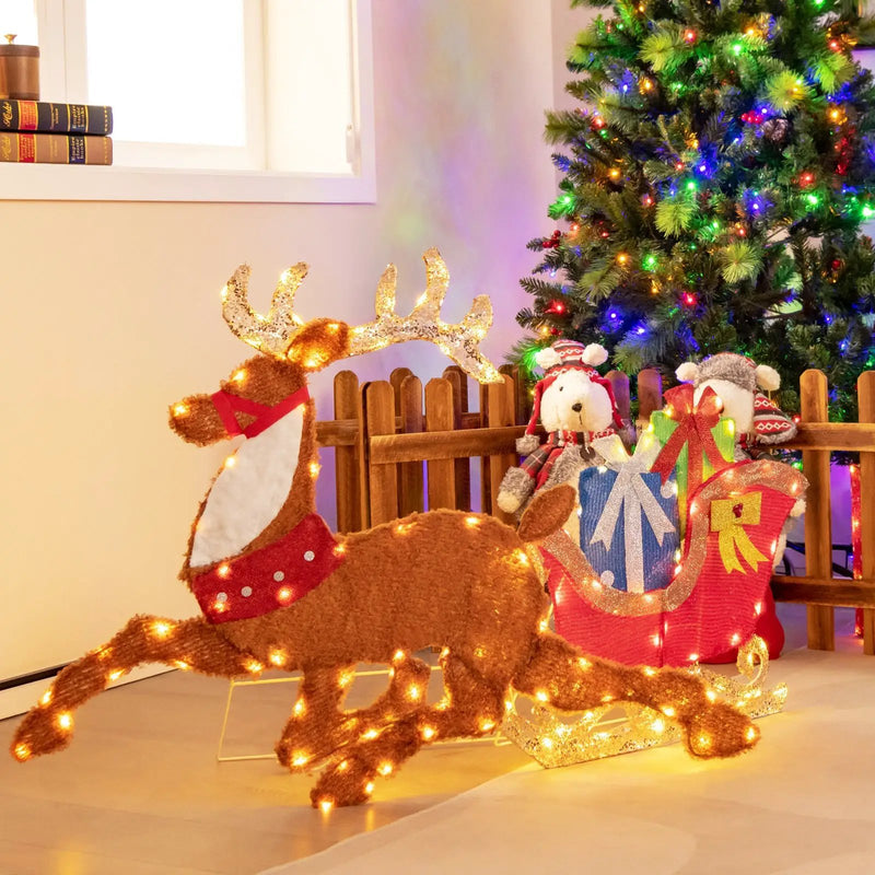 Lighted 2D Christmas Reindeer and Sleigh Decoration for Lawn Front Door Home by DirectDeals