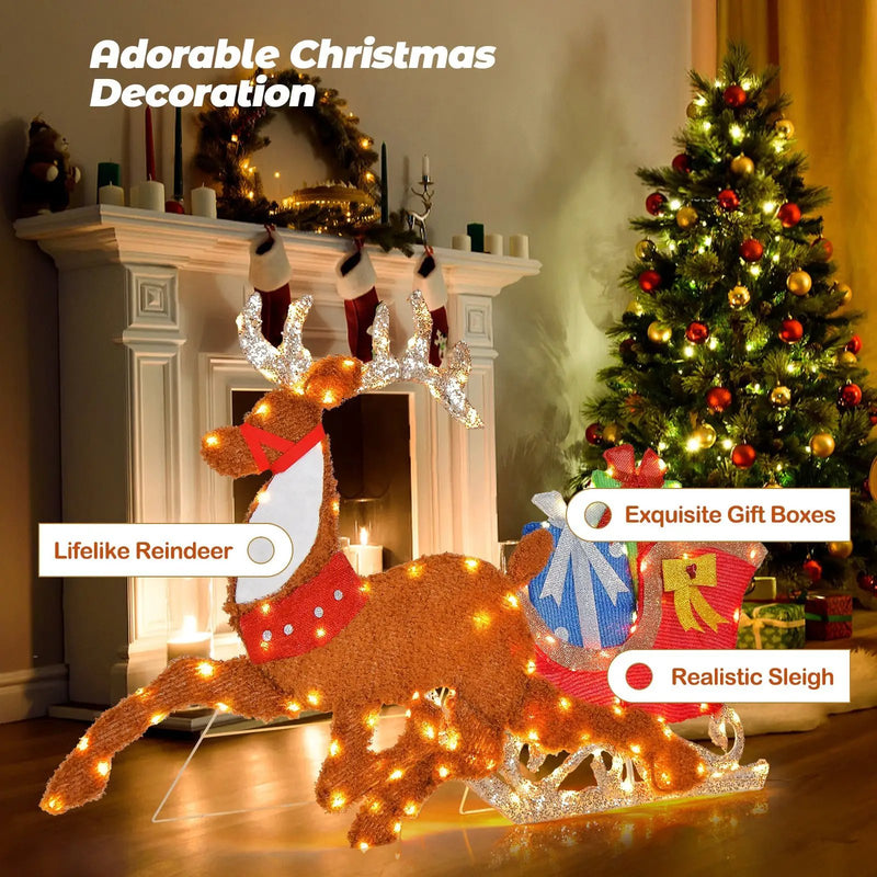 Lighted 2D Christmas Reindeer and Sleigh Decoration for Lawn Front Door Home by DirectDeals
