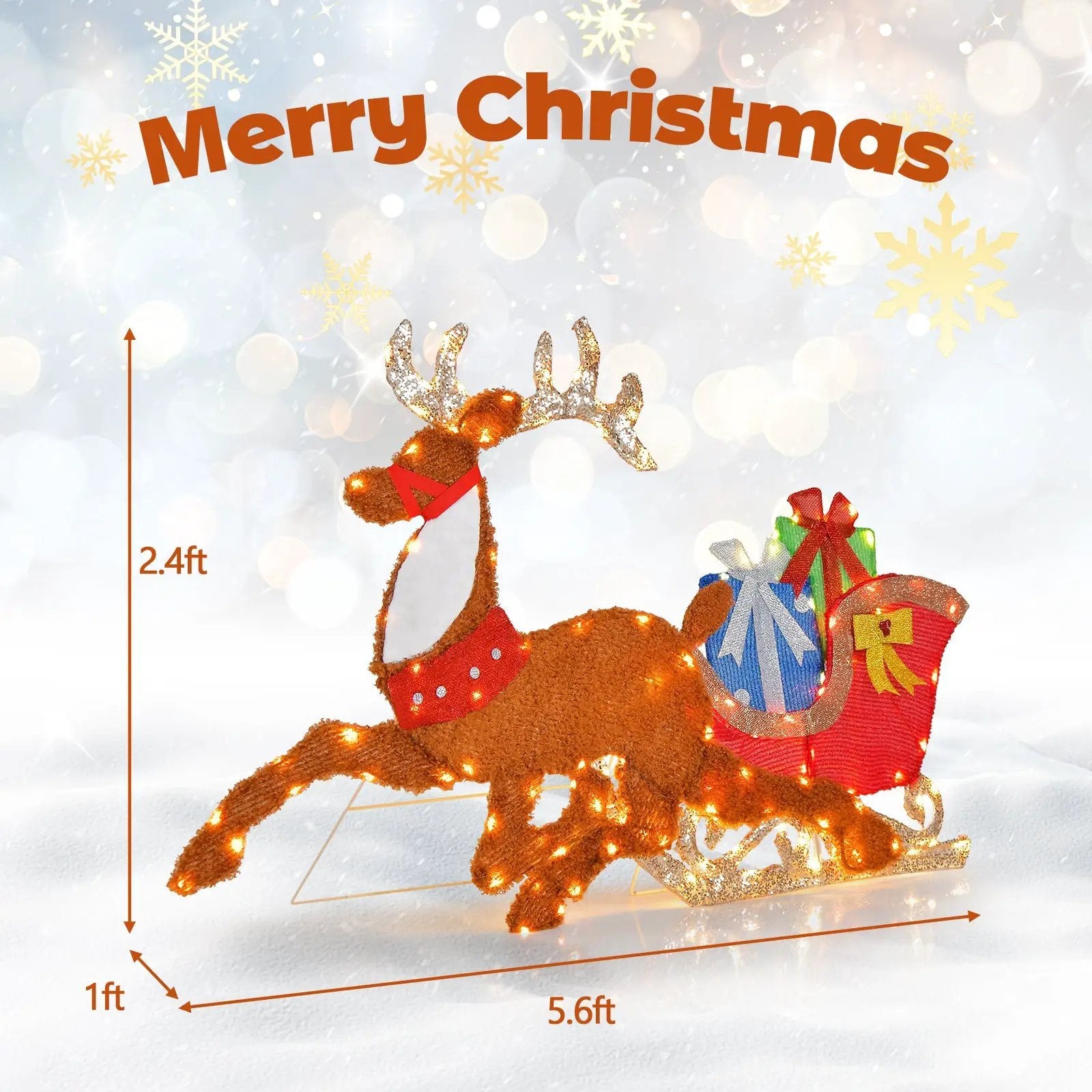 Lighted 2D Christmas Reindeer and Sleigh Decoration for Lawn Front Door Home by DirectDeals