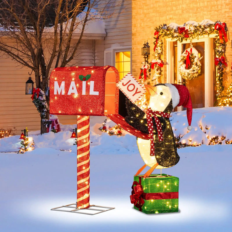 Lighted Christmas Decoration Mailbox and Penguin 3D Pre-Lit Xmas Holiday Decoration by DirectDeals