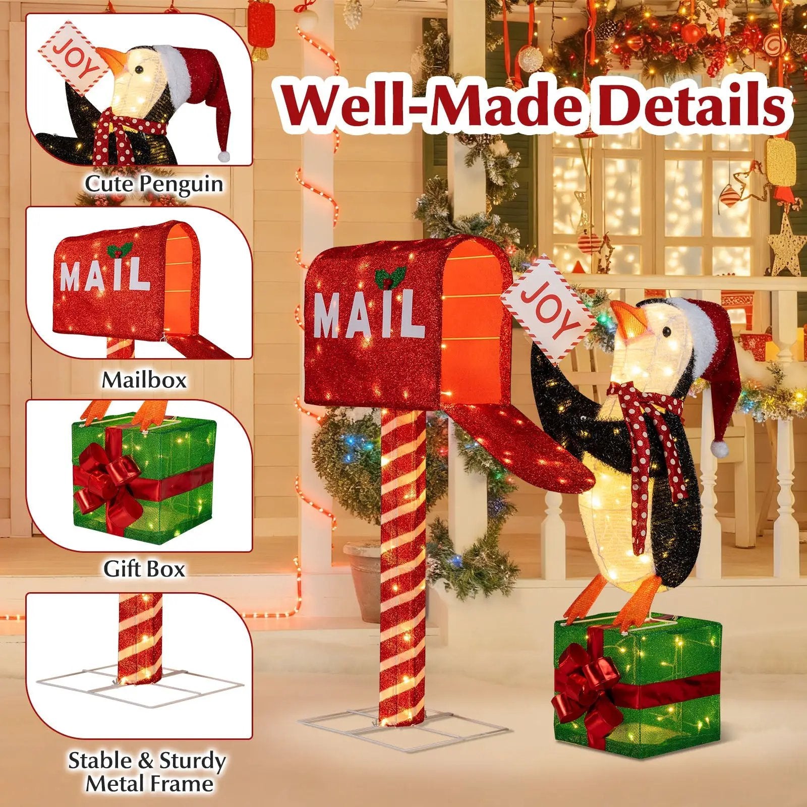 Lighted Christmas Decoration Mailbox and Penguin 3D Pre-Lit Xmas Holiday Decoration by DirectDeals