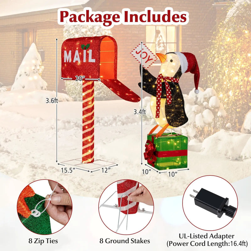 Lighted Christmas Decoration Mailbox and Penguin 3D Pre-Lit Xmas Holiday Decoration by DirectDeals
