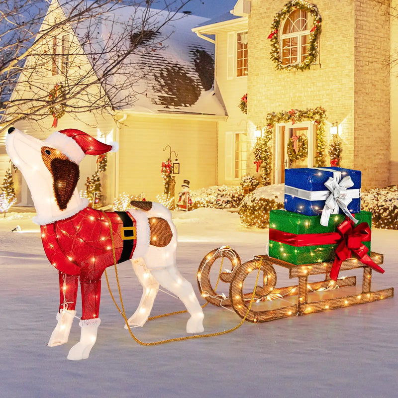 Outdoor Pre-lit Xmas Dog and Sleigh with 170 Warm Bright Lights for Porch by DirectDeals