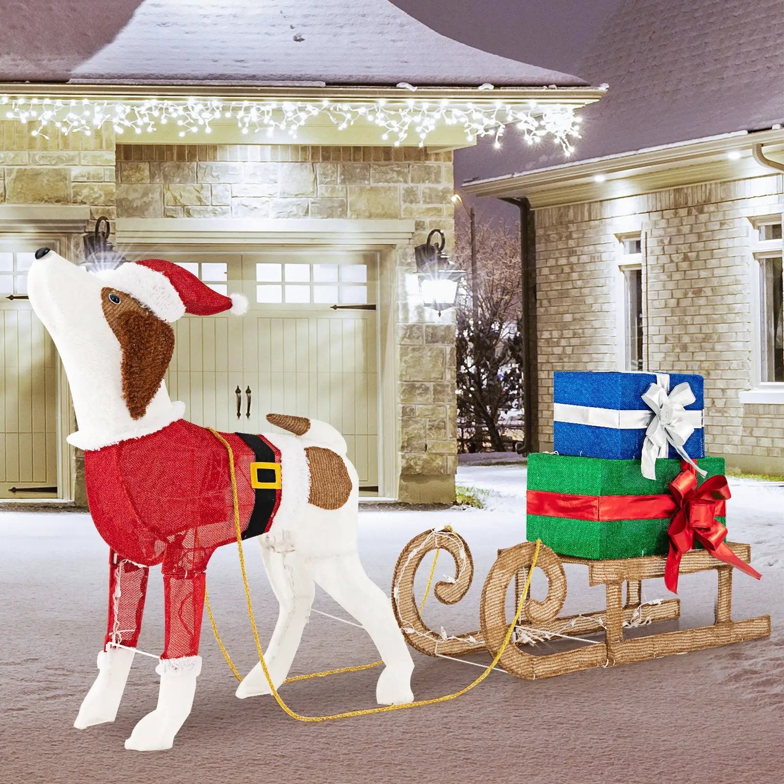 Outdoor Pre-lit Xmas Dog and Sleigh with 170 Warm Bright Lights for Porch by DirectDeals