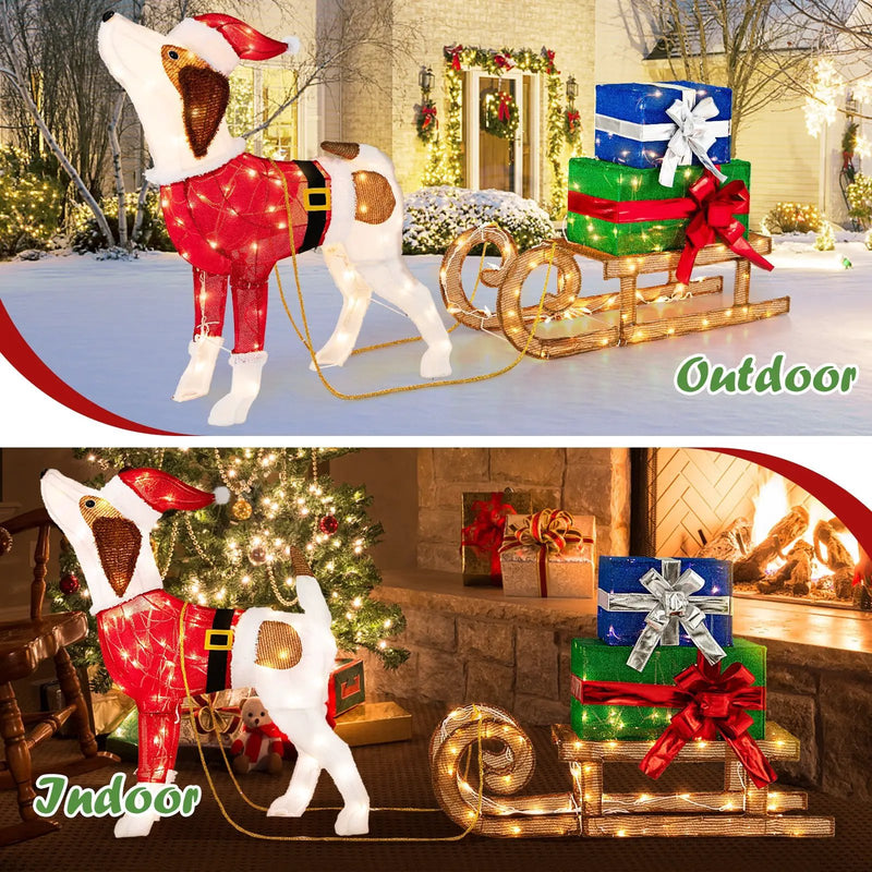 Outdoor Pre-lit Xmas Dog and Sleigh with 170 Warm Bright Lights for Porch by DirectDeals