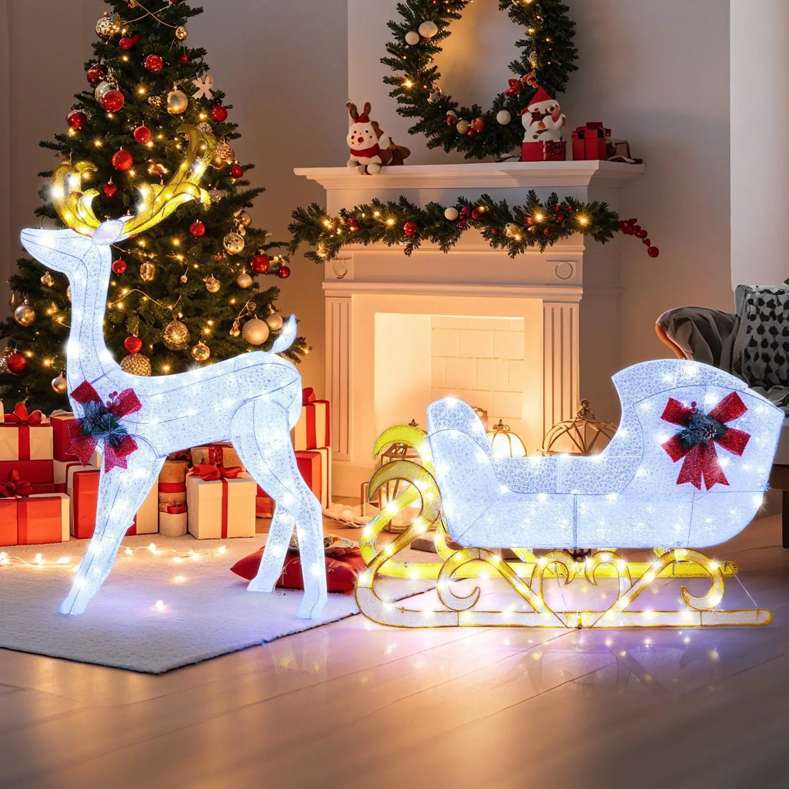 6 Feet Christmas Lighted Reindeer and Santa's Sleigh Decoration with 4 Stakes by DirectDeals
