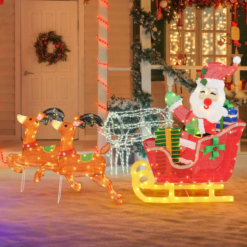 Lighted Christmas Santa on Sleigh with Reindeer and LED Lights by DirectDeals