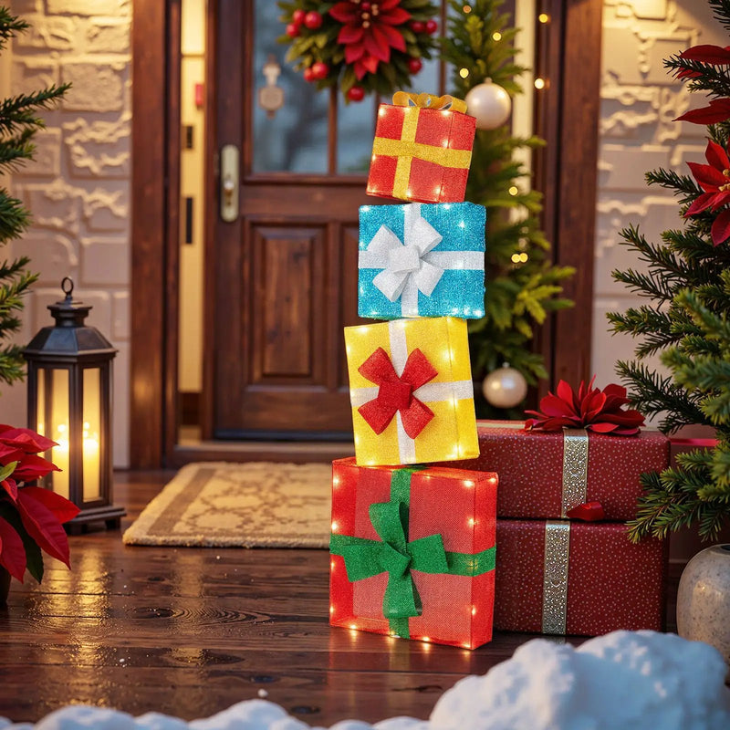 Lighted Gift Boxes Christmas Decoration 2D Set of 4 Pre-Lit Stacked Xmas Gift Boxes by DirectDeals