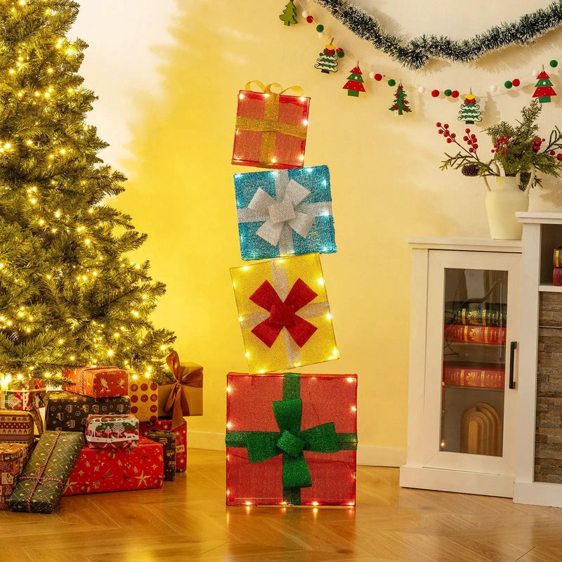 Lighted Gift Boxes Christmas Decoration 2D Set of 4 Pre-Lit Stacked Xmas Gift Boxes by DirectDeals
