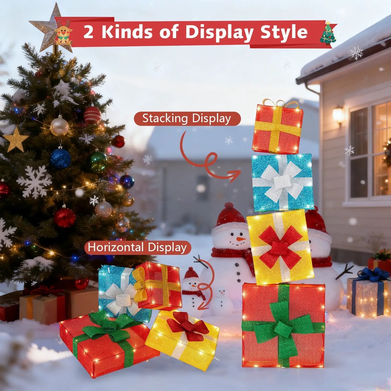 Lighted Gift Boxes Christmas Decoration 2D Set of 4 Pre-Lit Stacked Xmas Gift Boxes by DirectDeals