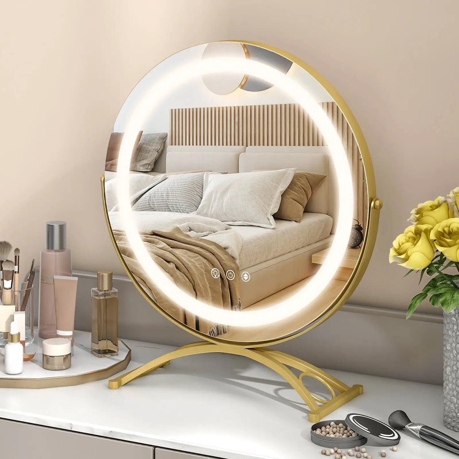 16 x 16 Inch Round LED Vanity Mirror with 3-Color Lighting and Brightness Dimming by DirectDeals